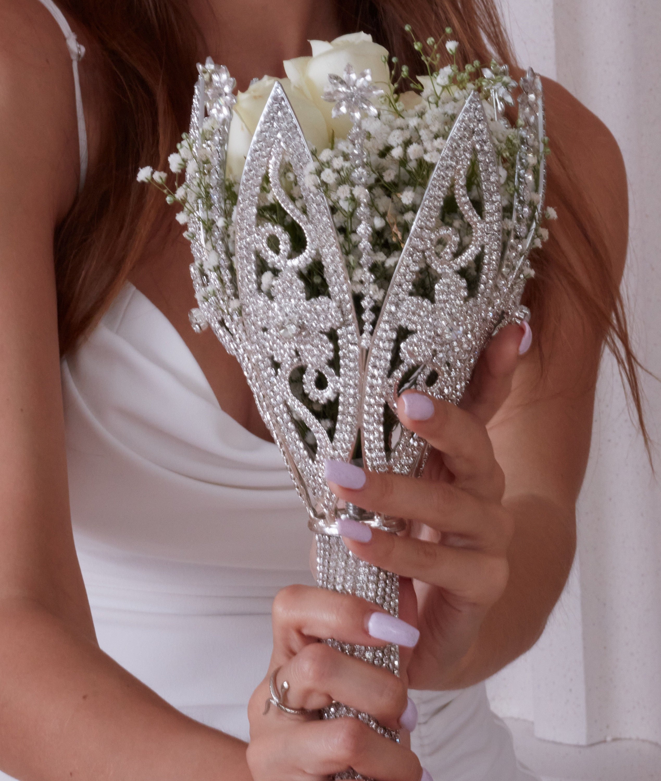 BENECREAT Rhinestone Wedding Bouquet Holder - 7.2 Inch Handle For Artificial & Real Flowers