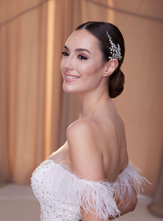 Set Accessori Capelli Sposa - Velo 150cm E Fascia Perline Con Strass, Argento E Bianco - Foto 4