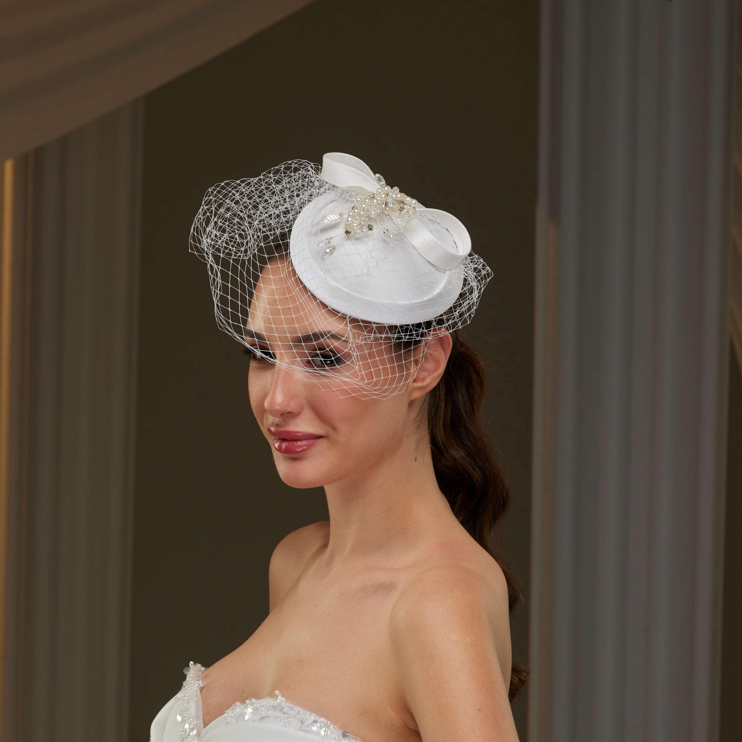 Handmade Bridal Fascinator with Pearls, Leaves- Victorian Wedding Veil Birdcage Blusher with Pearls