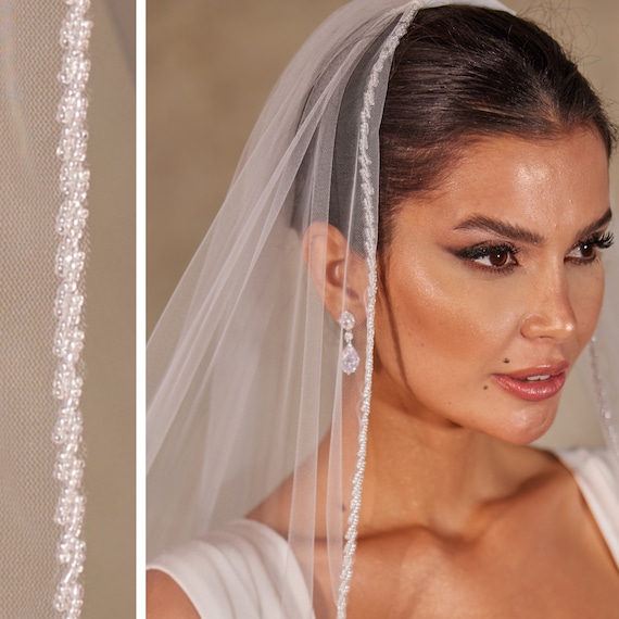 Elegant Crystal Knot Beaded Edge Wedding Veil - Handcrafted  display picture 3