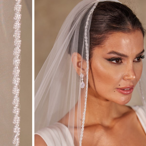 Elegant Crystal Knot Beaded Edge Wedding Veil - Handcrafted Bridal Accessory- D250