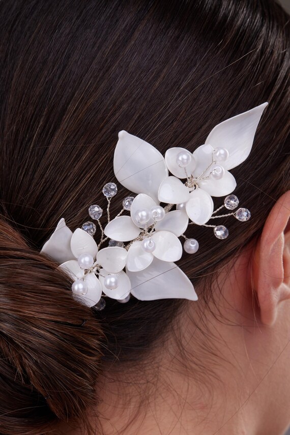 Set Accessori Capelli Da Sposa Con Fiori E Perle - Fascia E 2 Elastici - Elegante Per Matrimonio E Damigelle