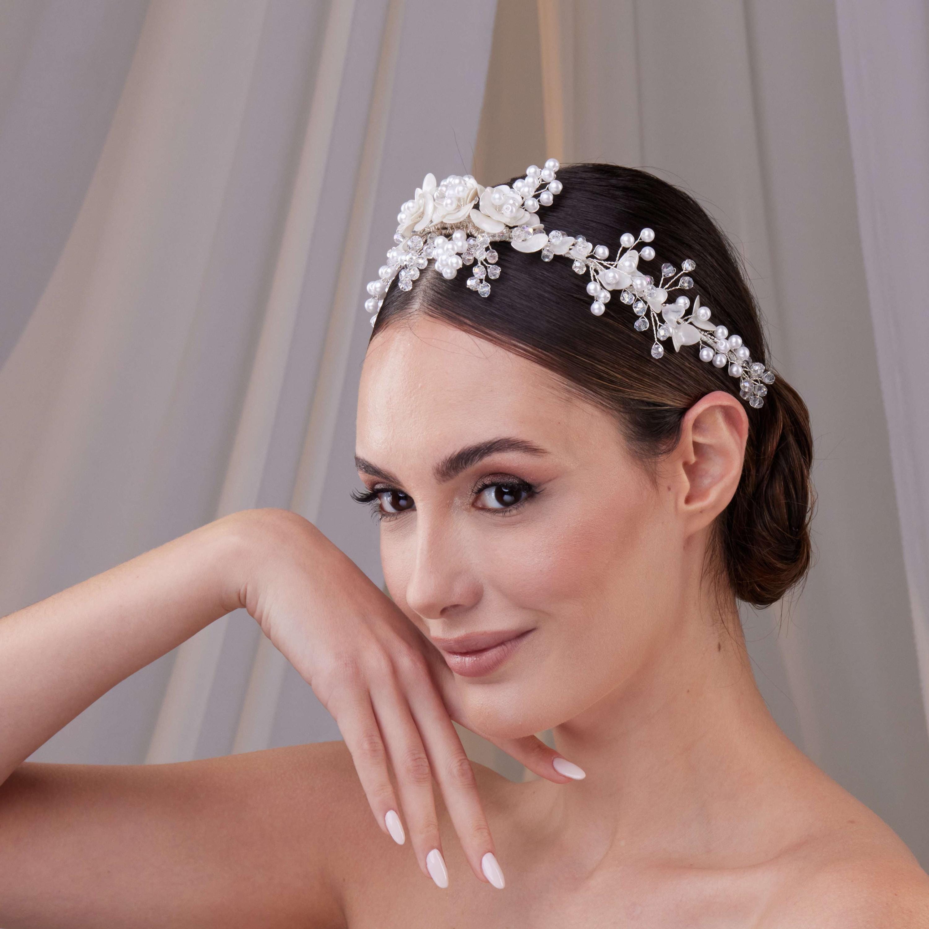 2 Cerchietti Con Perle Per Donna | Fascia Capelli Elegante Con Perline Bianche E Rosa Per Sposa | Accessori Styling Delicati - 3