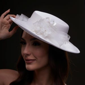 White Satin Hat With Rhinestone Vines and Tropical Flower  display picture 3