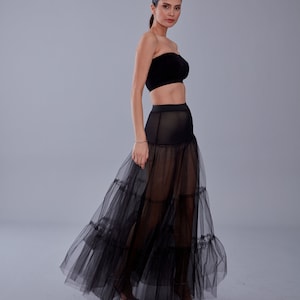 maxi dress petticoat Black Ruffled Maxi Petticoat Skirt, Long Layered Tulle Skirt, Gothic Renaissance Costume Slip, Bohemian Festival Skirt, Halloween Costume