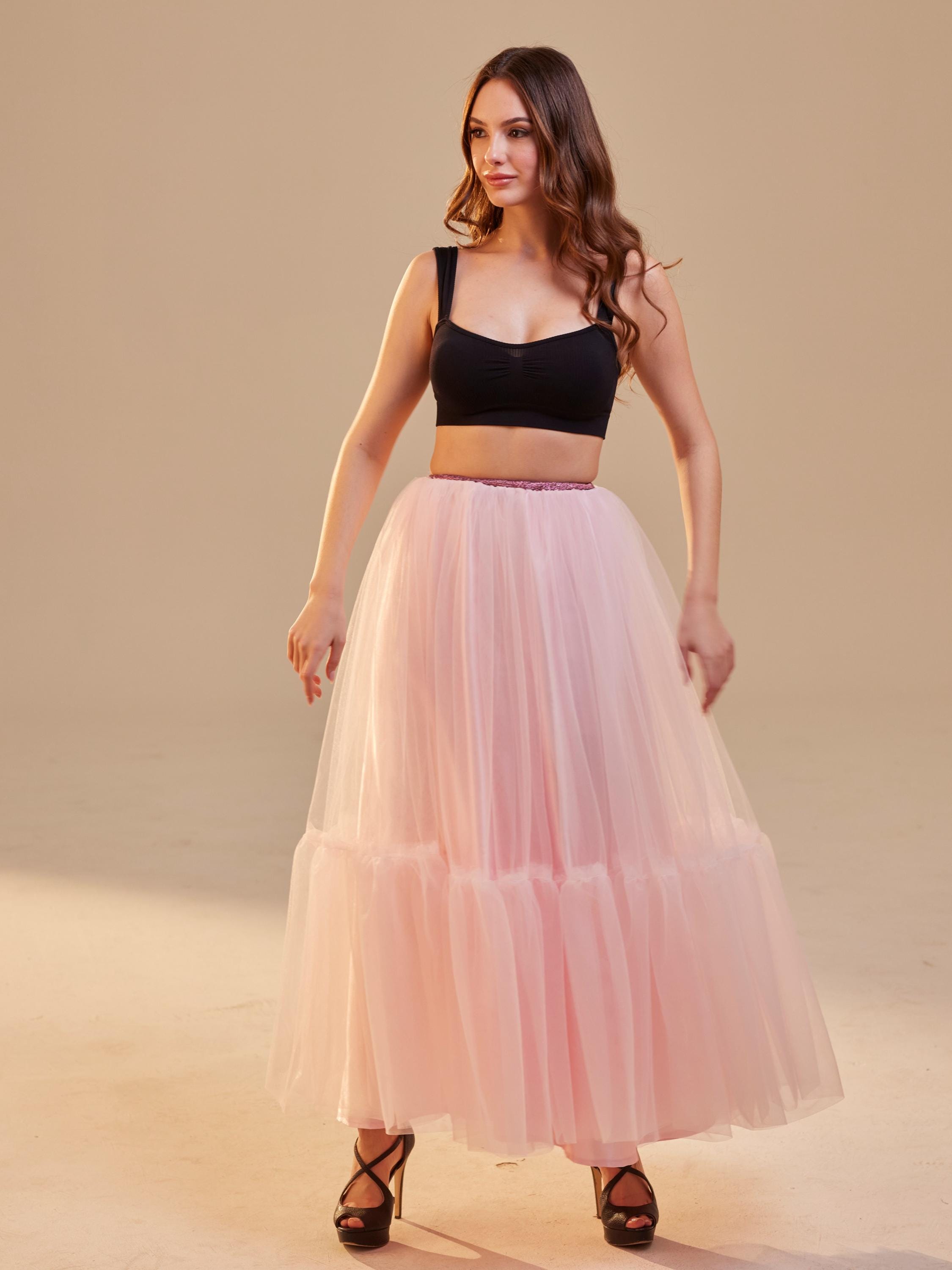 Pink Layered Tulle Skirt , Ruffled Maxi Skirt for Women