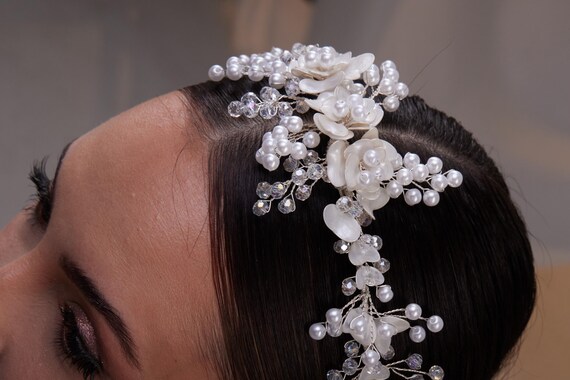 Elegante fascia per capelli da sposa con perle – Perline di cristallo, accessori per capelli da sposa in filo argentato, gioielli per capelli unici - Italia