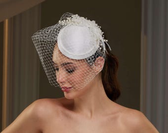 Elegant  Bridal Fascinator with Birdcage Veil, Pearls & Feathers- Victorian Wedding  Blusher with Crystal and Feather Fascinator