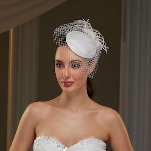 Bridal Fascinator with Blusher Veil and Feathers- Victorian Wedding  Blusher with Crystal and Feather Fascinator