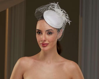 Bridal Fascinator with Blusher Veil and Feathers- Victorian Wedding  Blusher with Crystal and Feather Fascinator