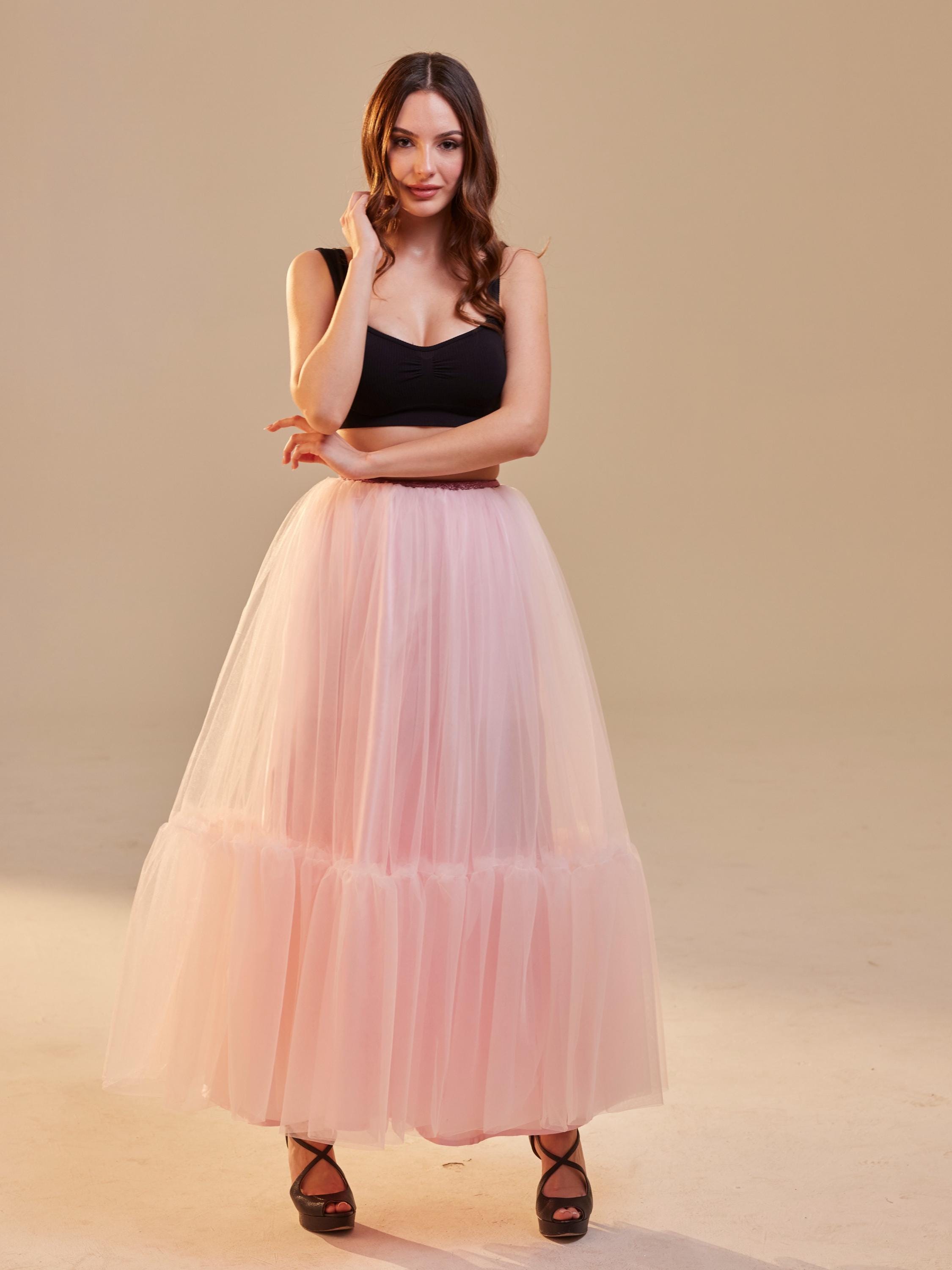 スカート Rose motif ribbon tulle skirt (long)pink Tiered Ruffled Pink Gradient Pleated Tulle Skirt,elastic