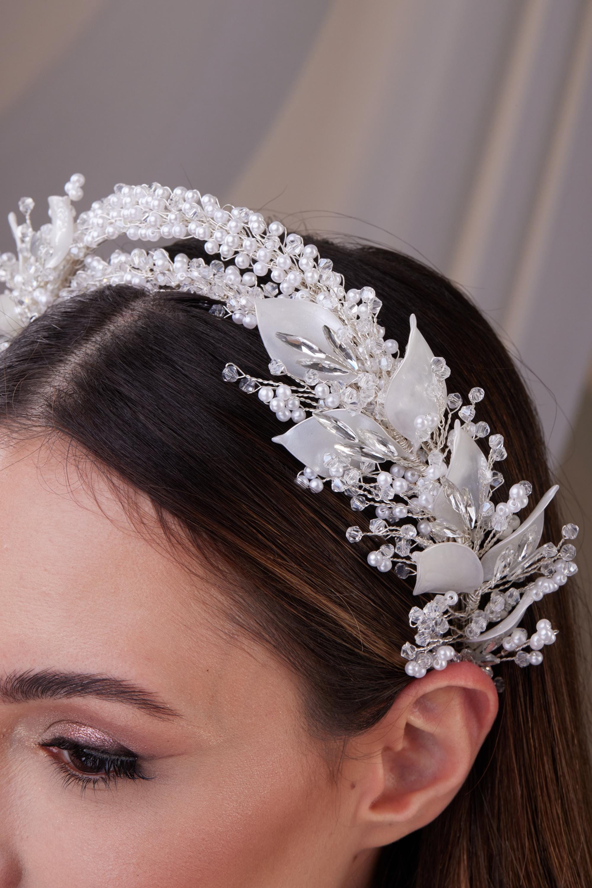 Grande fascia per capelli con corona da dea in argento