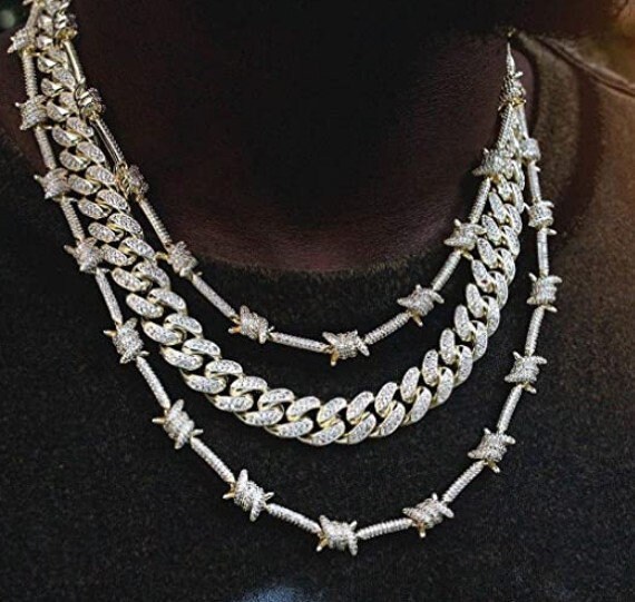 10mm Iced Out Barbed Wire Link Chain14k 