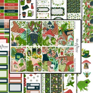 May include: A sheet of planner stickers with a whimsical goblin core theme. The stickers feature illustrations of frogs, mushrooms, books, and other forest elements in shades of green, brown, and red. Text includes "Meal Plan" and "Brain Dump".