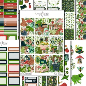 May include: A selection of planner stickers with a goblin-themed design. The stickers feature illustrations of frogs, mushrooms, books, and other whimsical elements. The text "Aivah Rose Paper Co" and "GOBLINCORE" are visible. The stickers are designed for full boxes.