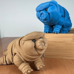 Pode incluir: Duas figurinhas de tardígrados impressas em 3D, uma azul e outra marrom, sobre uma superfície de madeira. O tardígrado azul está em pé sobre uma caixa de madeira.