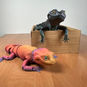 Peut inclure: Deux lézards en jouet articulés, l'un noir et l'autre orange, avec des yeux verts. Le lézard noir est assis dans une boîte en bois.