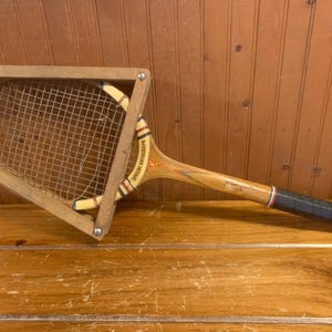 Mid-Century Cortland “Smoke-Tone” Wood Tennis Racket with Wood Press – Classic Retro Sports Collectible