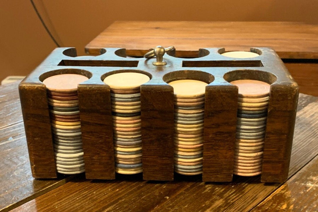 Vintage Wood Poker Chip Caddy and Clay Poker Chips Etsy