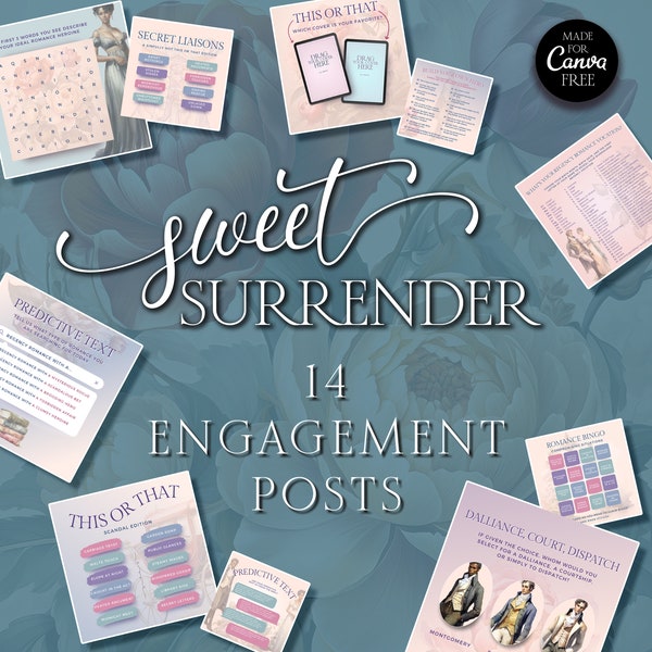 Sweet Surrender: Regency Romance Engagement Posts for Author Takeovers - Canva Templates - Predictive Text - Games - Customizable - (EG01)