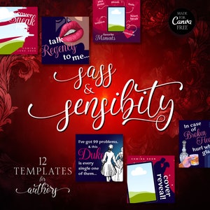 May include: Twelve Canva templates for authors, featuring a variety of designs with text such as "Sneak Peek", "Talk Regency to me...", "I've got 99 problems... & this Duke is every single one of them...", and "Cover Reveal!" The templates are in a red, white, and blue colour scheme.