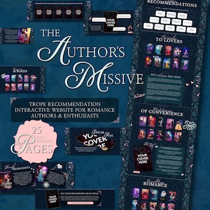 May include: A dark teal website design with the title "The Author's Missive" in elegant script. The site promotes romance novels with sections for recommendations, tropes, and book covers. The design includes floral accents and the text "25 Fully Editable Pages."