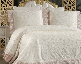 Ruffled Lace Detail King Size/Queen Size Bedspread Set, Lux 6 piece Chenille Embroidered %100 Cotton Piquet set, Luxury Bridal Bedding Set