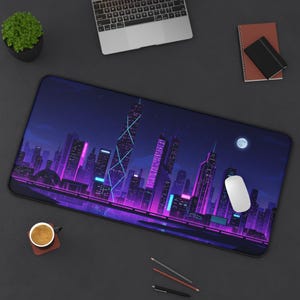 Cyberpunk City Desk Mat | Large Gaming Mouse Pad | Neon Futuristic Computer Mat | Aesthetic Synthwave Office Pad