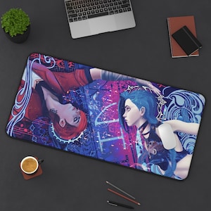 Arcane Jinx & Vi Desk Mat, League of Legends Gaming Mouse Pad, Stylized Art Nouveau Computer Mat, Sisters of Zaun Fan Art, Arcane Gaming Mat