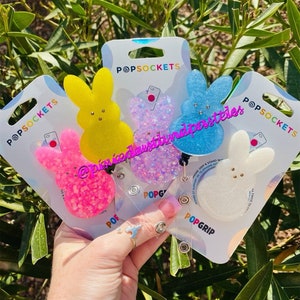 Easter Marshmallow Bunny &#39;Peep Show!&quot; Phone accessory - Badge Reel - or Keychain! Glitter and Customizable