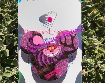 We are all MAD here! Tulgey Wood Cheshire Cat Phone Grip - Alice in Wonderland themed Phone Grip or Badge Reel
