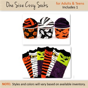 May include: Cozy Halloween socks for adults and teens. The image shows three pairs of socks in decorative cups with Halloween-themed designs. The socks are orange, black, white, and purple with patterns of pumpkins, ghosts, and bats. The text reads "One Size Cozy Socks".