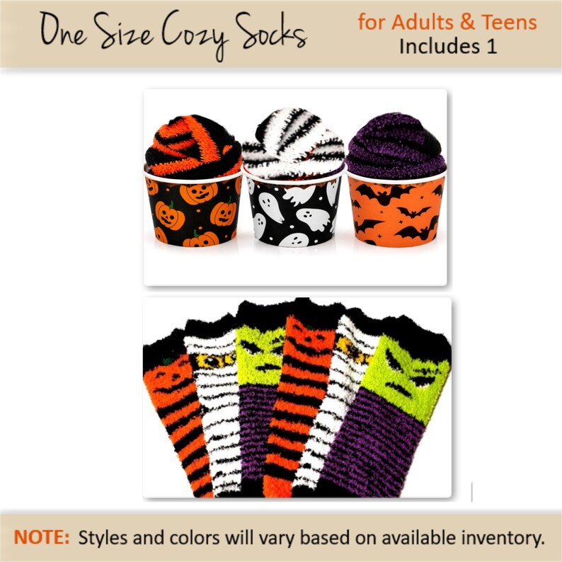 May include: Cozy Halloween socks for adults and teens. The image shows three pairs of socks in decorative cups with Halloween-themed designs. The socks are orange, black, white, and purple with patterns of pumpkins, ghosts, and bats. The text reads "One Size Cozy Socks".