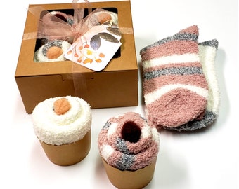 Neutral colors comfy fuzzy socks gift box, Earth tones warm cozy cupcake socks in box ready to gift, Neutral earth tones cozy gift box