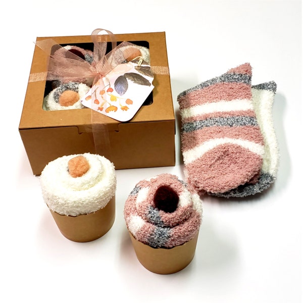 Neutral colors comfy fuzzy socks gift box, Earth tones warm cozy cupcake socks in box ready to gift, Neutral earth tones cozy gift box