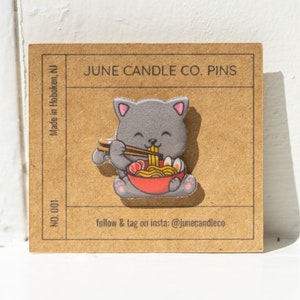 Kawaii Gray Cat Ramen Pin: Handmade Shrink Plastic Lapel Pin