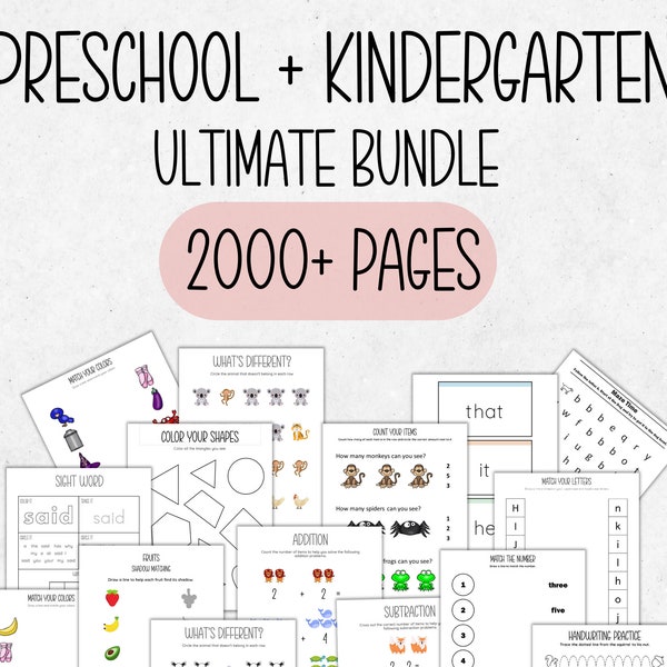 Ensemble d'apprentissage préscolaire préscolaire + maternelle | Plus de 2000 pages | Fiches d'activité | Coloriage | Point à point | Couleur par numéro