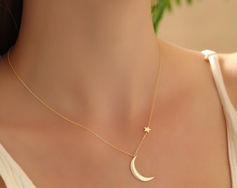 Moon and Star Necklace: Sterling Silver Celestial Pendant