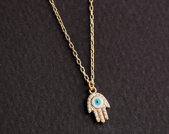 Diamond hamsa necklace, evil eye necklace, 14K Real gold  evil eye hamsa pendant, dainty hamsa necklace, minimalist evil eye hamsa necklace