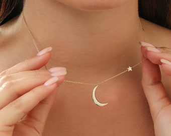 Handmade Gold Moon Star Necklace, Mother's Day Gift for Mom, Crescent moon necklace for her, Unique gift for bestfriend, Birthday gift wife