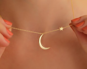 Customizable Crescent Moon Star Necklace: Solid Gold Celestial Jewelry