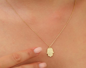 14K Solid Gold Hamsa Hand Necklace: Good Luck Charm