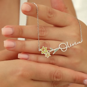 Custom 14k Gold Name Necklace: Daffodil Birth Flower Charm