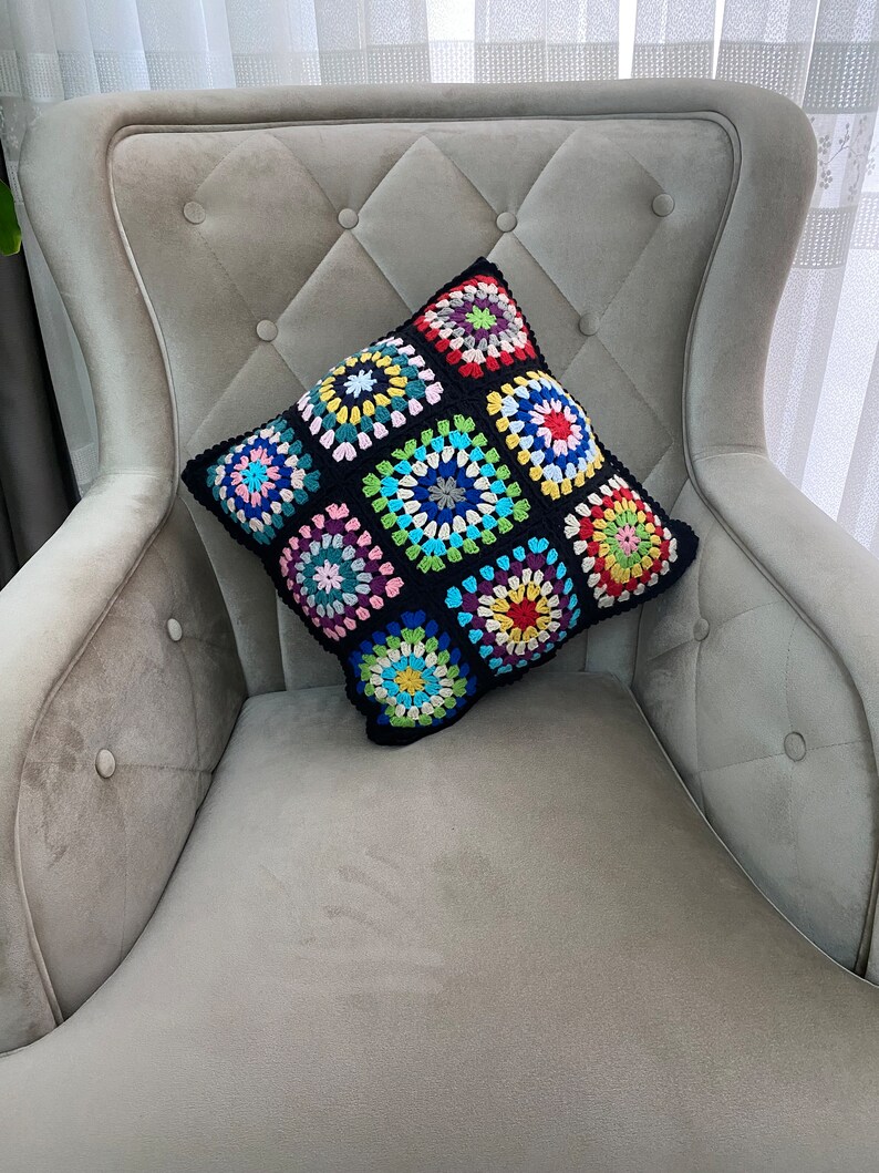 Crochet Flower Granny Square Pillow Cover, Colorful Daisy Motifs, Retro