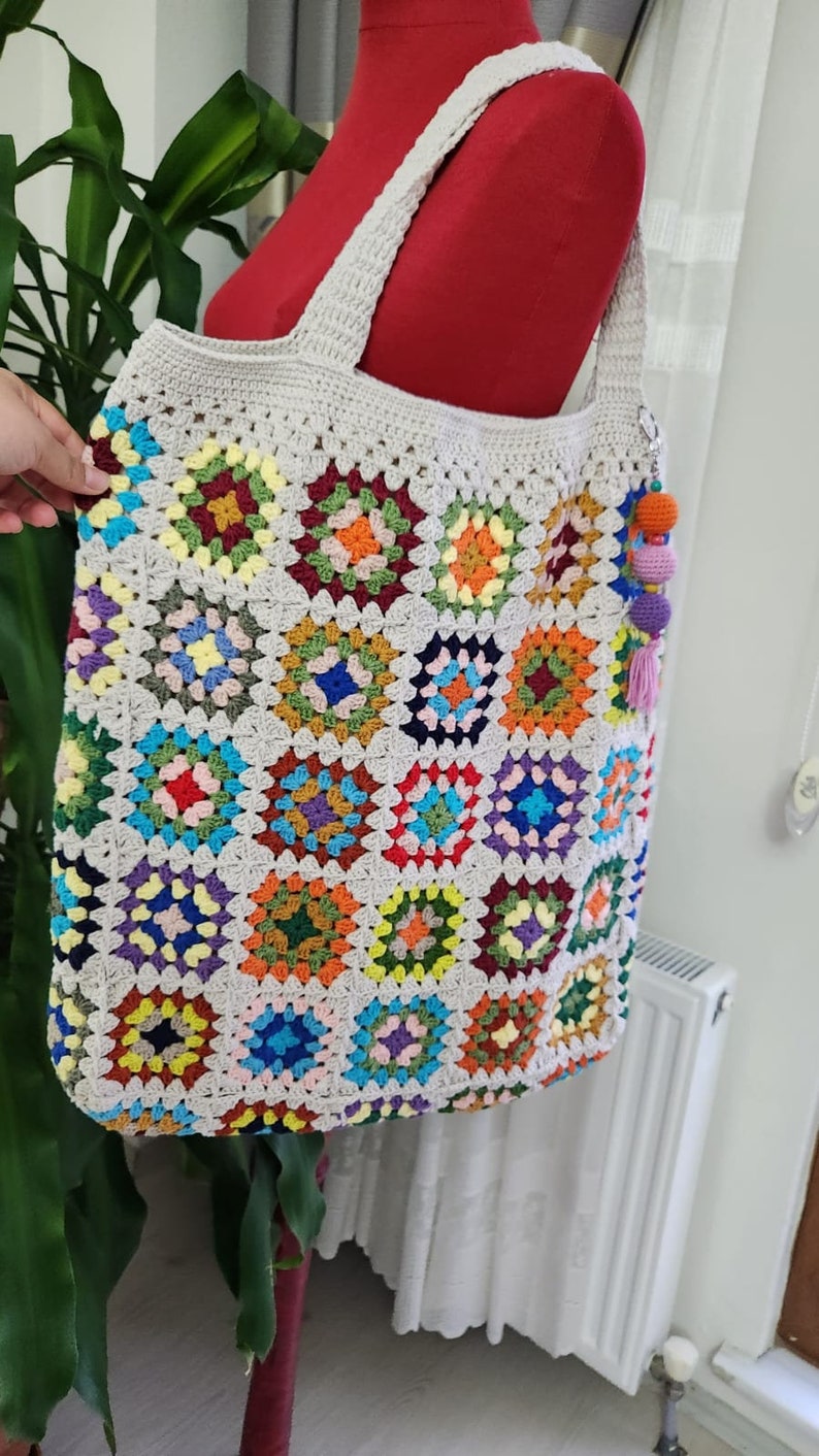 Crochet Xxl Granny Square Tote Bag, Retro Afghan Bag, Cotton Large