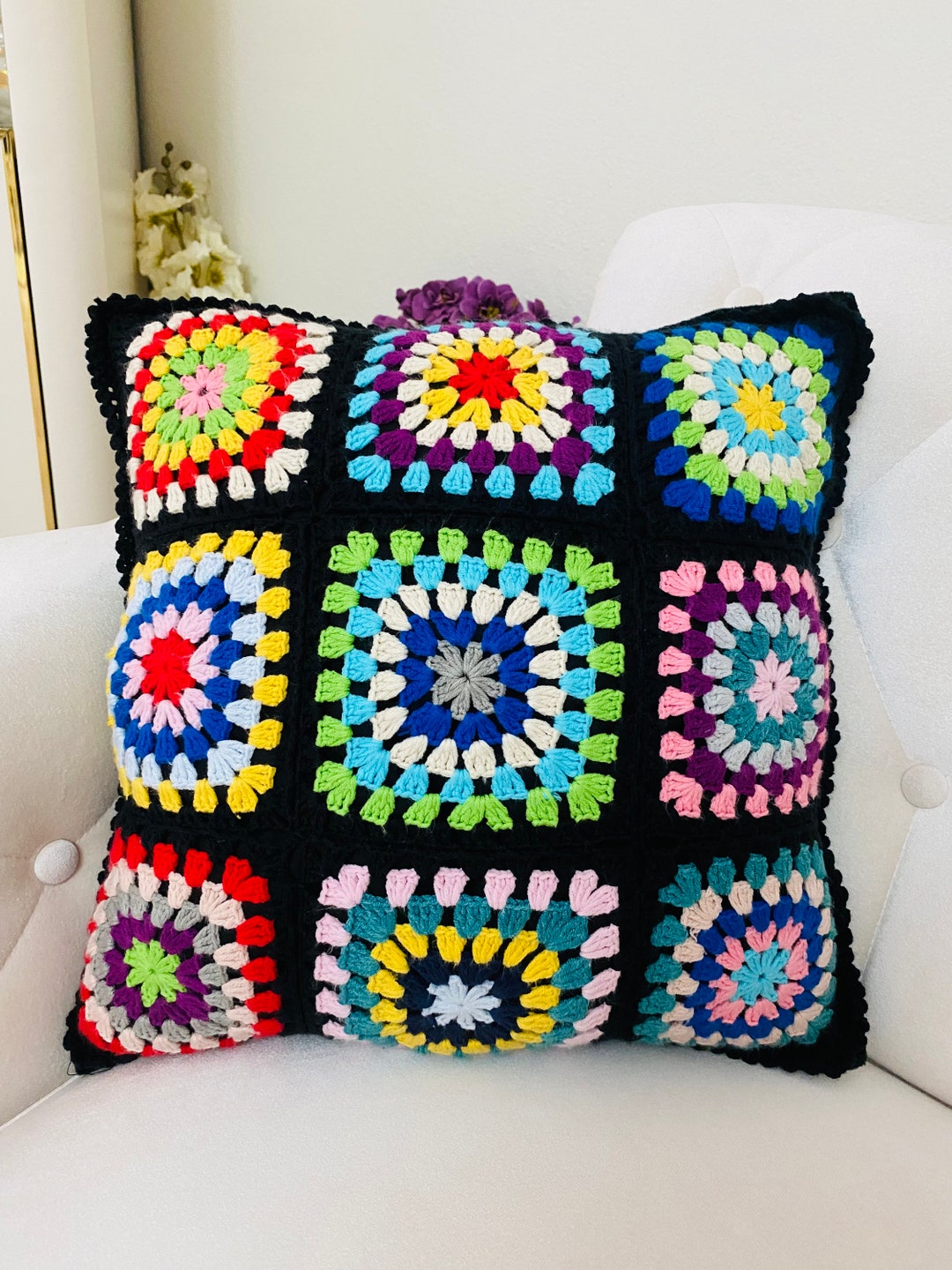 Crochet Flower Granny Square Pillow Cover, Colorful Daisy Motifs, Retro