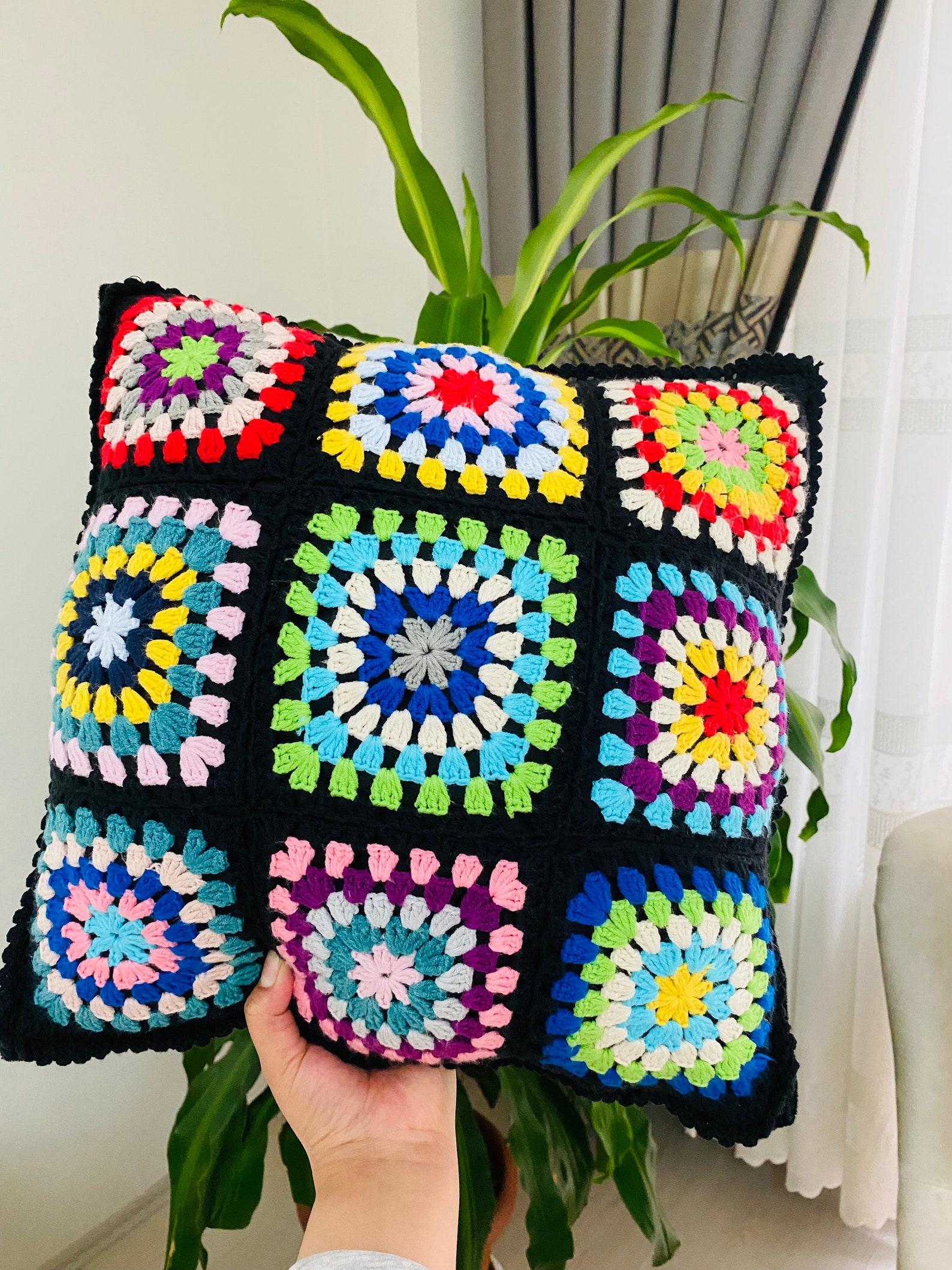 Crochet Flower Granny Square Pillow Cover, Colorful Daisy Motifs, Retro