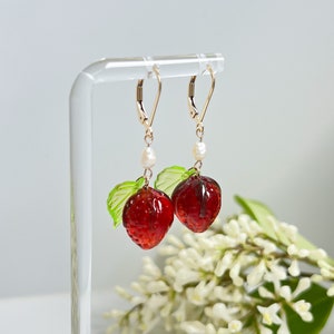 Glass Strawberry 925 Sterling Silver/14k Gold Filled Freshwater Pearl Dangle Leverback Earrings