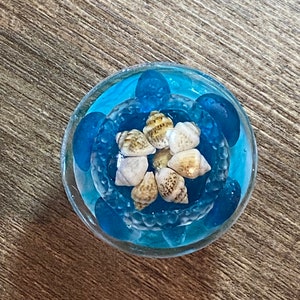 May include: A clear, round paperweight with a coastal theme. The paperweight features a blue, watery background with small, blue glass beads and a cluster of small seashells in the center. The paperweight is set on a wooden surface.