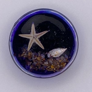 Pode incluir: Um peso de papel redondo de resina com um fundo azul escuro, apresentando uma estrela do mar, uma concha e pequenas pedras. O peso de papel tem uma borda azul escura e está sobre um fundo branco.